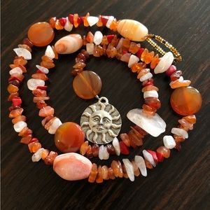 Handmade Polished Rock and Beaded Necklace with Sun/Moon Pendant